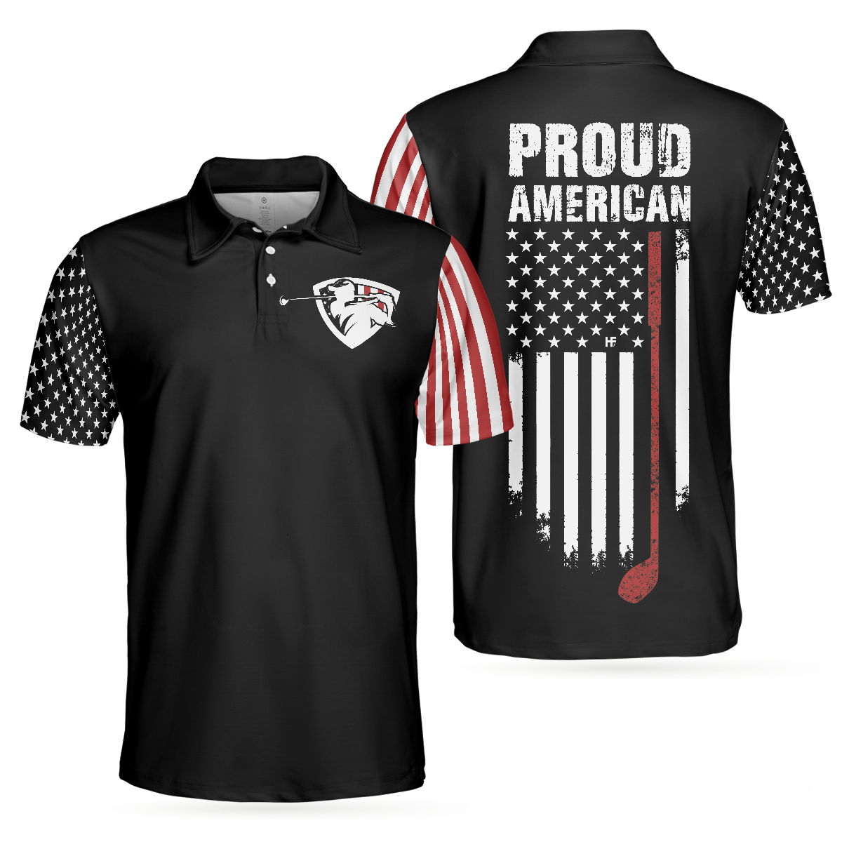 Proud American Short Sleeve Golf Polo Shirt, Dark Theme American Flag Polo Shirt, Patriotic Golf Shirt For Men