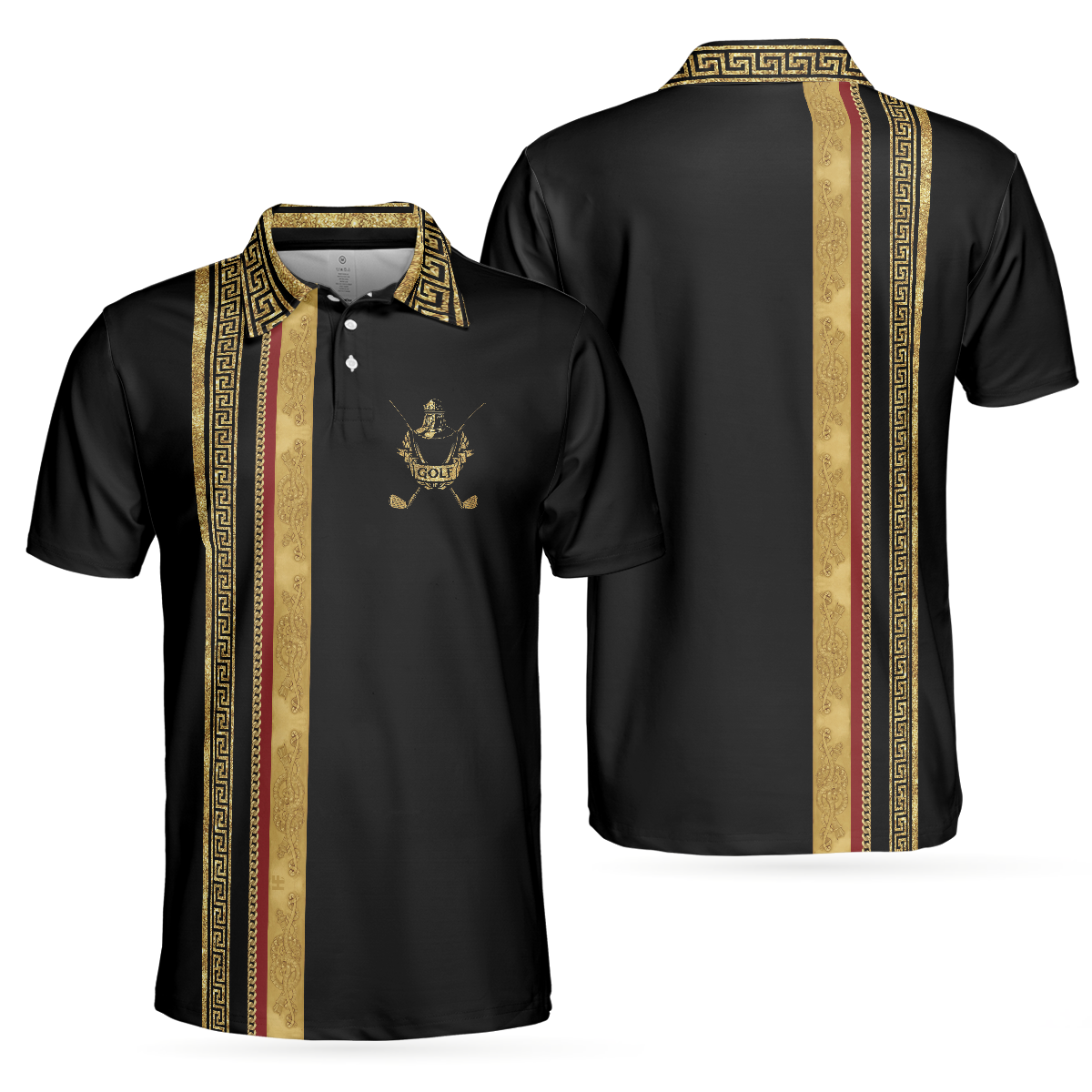 Golf Crusader King Luxury Baroque Pattern Golf Men Polo Shirt, Elegant Black Golfing Polo Shirt, Best Golf Shirt For Men