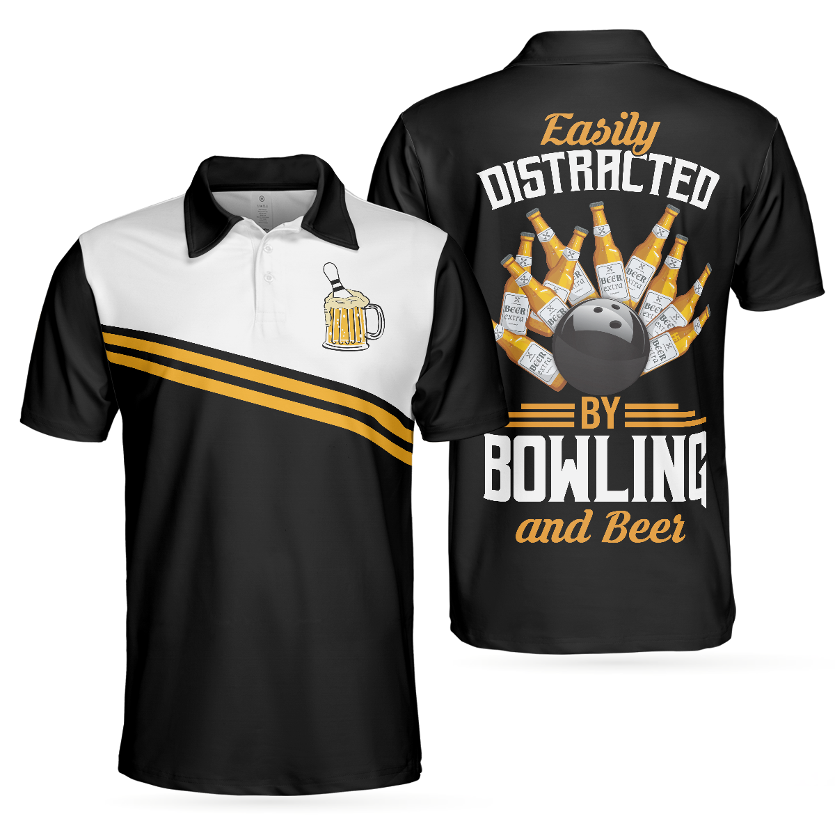 Easily Distracted By Bowling And Beer Polo Shirt, Tenpin Bowling Shirt Design With Sayings, Best Drinking Bowling Shirt, Polo Shirt Gift For Beer Lovers