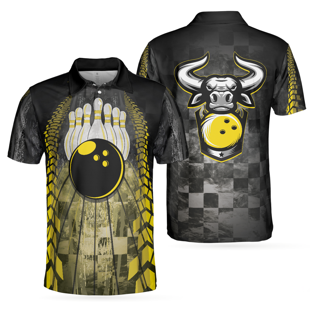 Men Polo Shirt - Bowling Bull Black And Yellow Short Sleeve Polo Shirt For Bowling, Bull Polo Shirt, Best Bowling Shirt For Men