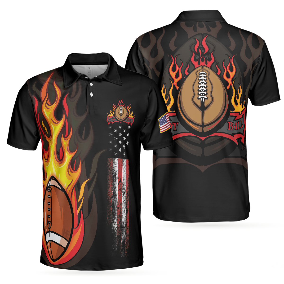 Flame American Football Black Men Polo Shirt, American Flag Football Polo Shirt, Best Football Shirt For Men