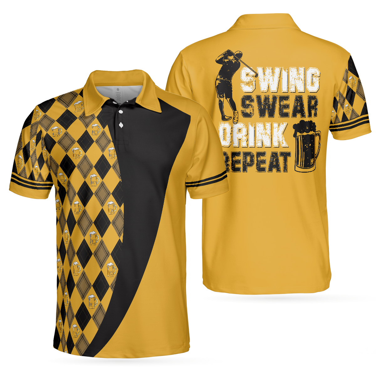 Golf Polo Shirt, Swing Swear Drink Repeat Polo Shirt, Argyle Pattern Golf Shirt For Male Golfers, Skull Golf Shirt - Perfect Gift For Men, Golfers