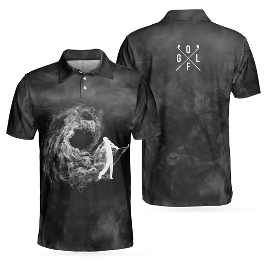 Golfer On Smoke Background Men Polo Shirt, Black Smoke Golfing Polo Shirt, Best Golf Shirt For Men, Best Gift For Golfers