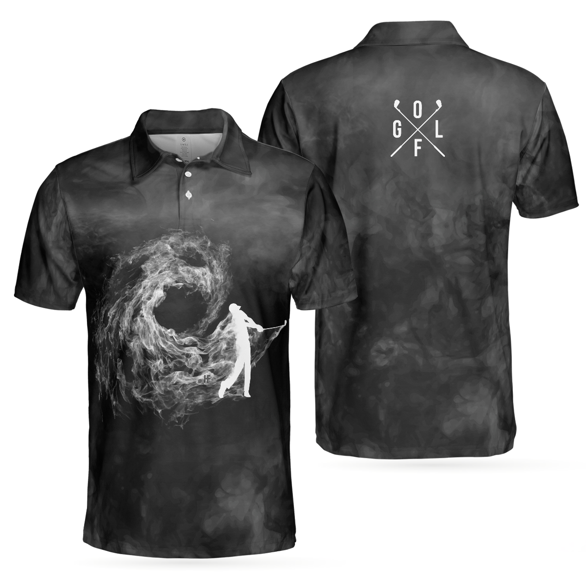 Golfer On Smoke Background Men Polo Shirt, Black Smoke Golfing Polo Shirt, Best Golf Shirt For Men, Best Gift For Golfers