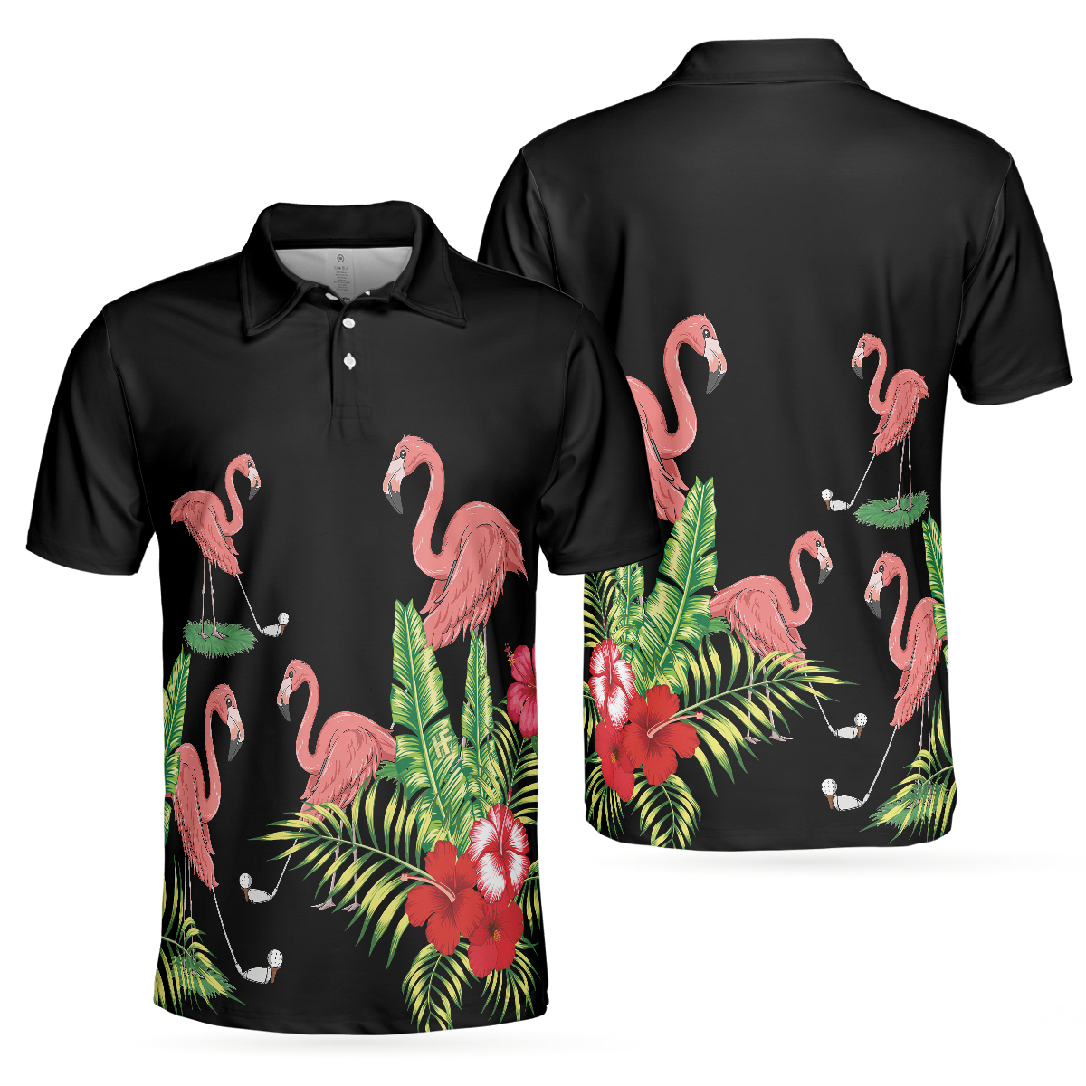 Flamingo Playing Golf And Tropical Pattern Polo Shirt, Pink Flamingo Short Sleeve Polo Shirt For Golfers