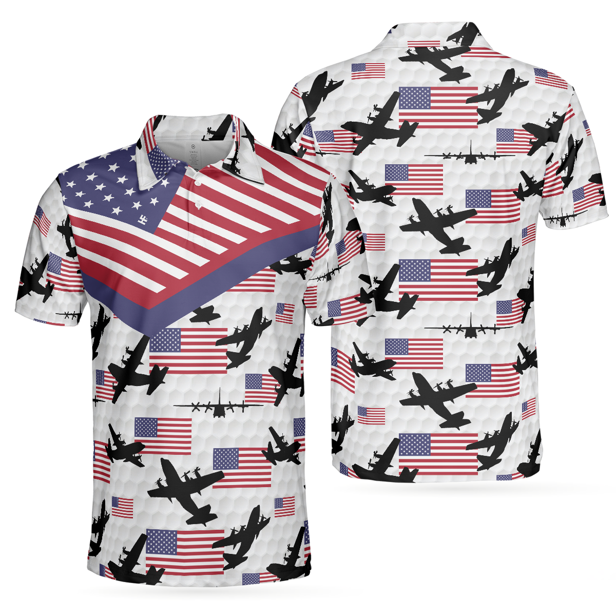 Golf Airplane Pattern Men Polo Shirt, American Flag Short Sleeve Shirt For Men, Best Gift For Golfers