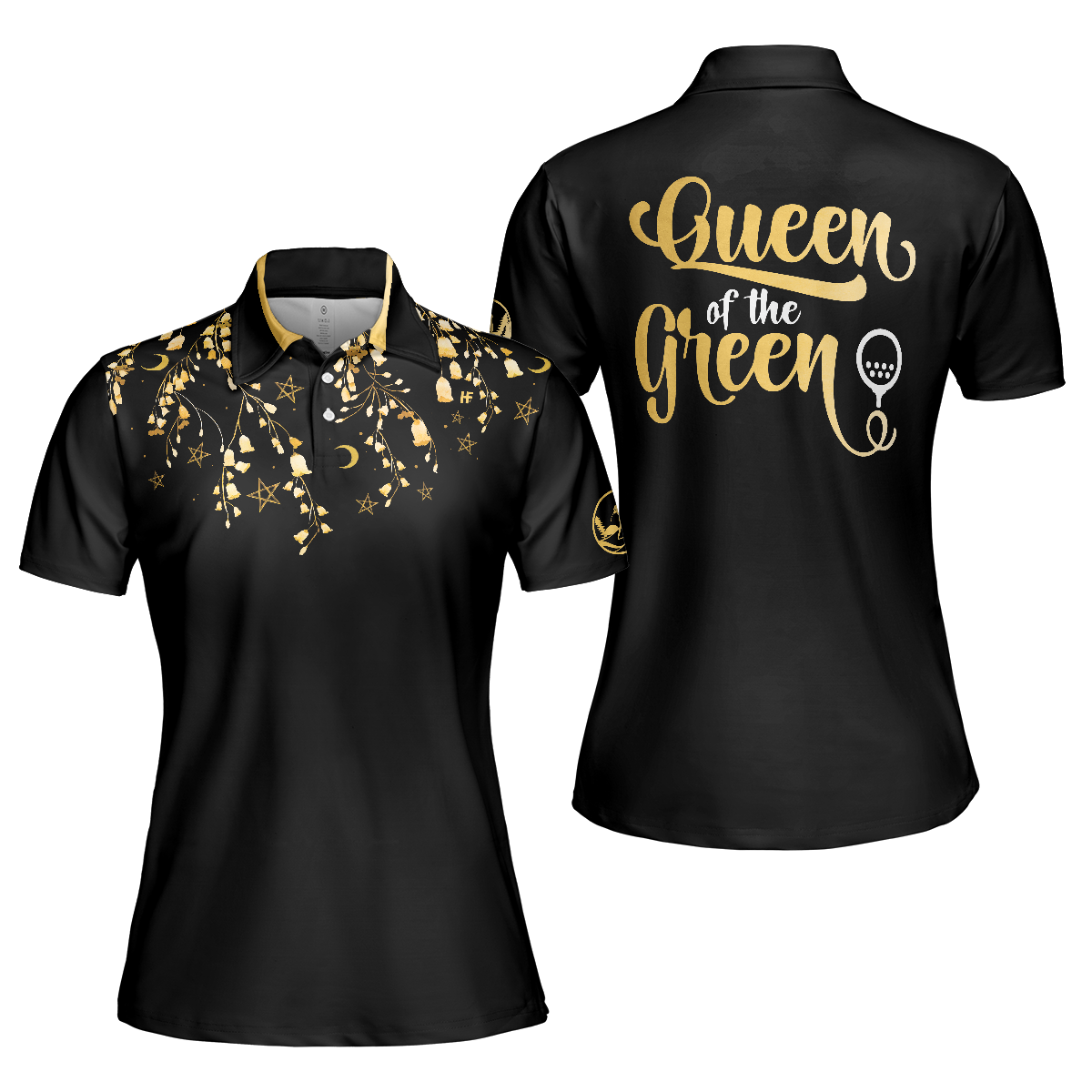 Elegant Gold Pattern Queen Of The Green Golf Short Sleeve Women Polo Shirt, Unique Female Golf Gift