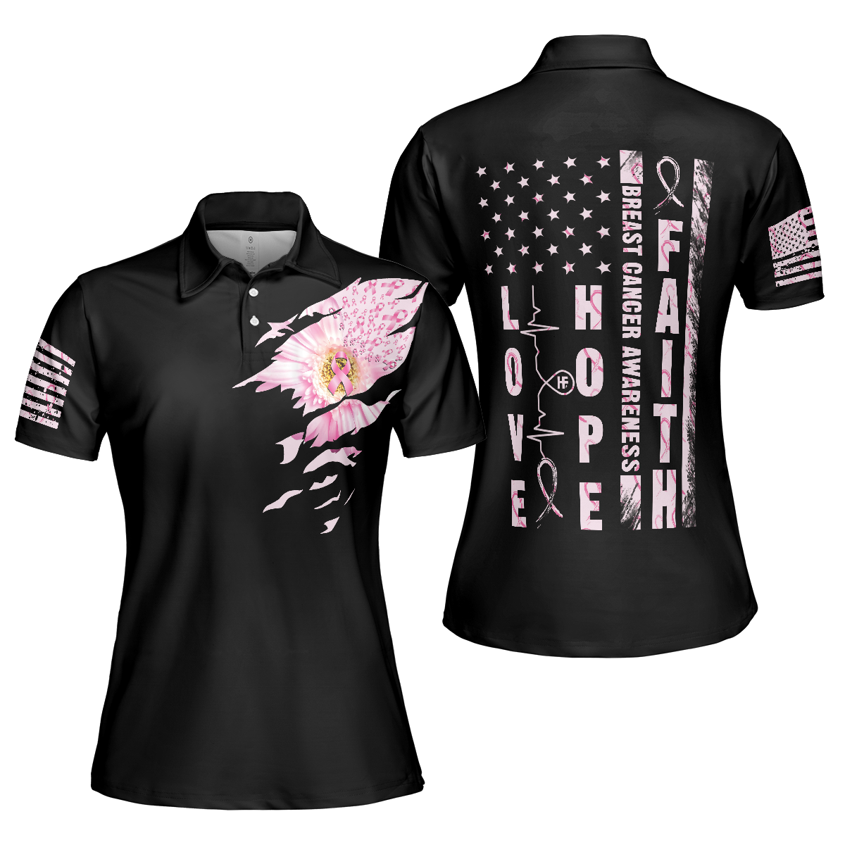 Flower America Flag Breast Cancer Awareness Women Polo Shirt, Faith Hope Love Breast Cancer Awareness Short Sleeve Polo Shirt, Support Gift For Breast Cancer Survivors