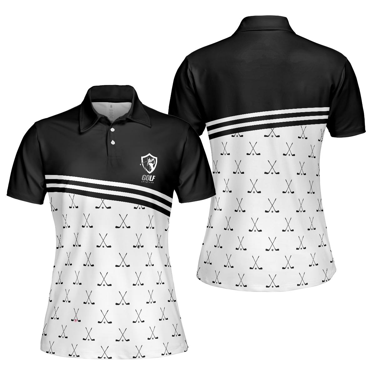 Crossed Black Golf Clubs Golf Short Sleeve Women Polo Shirt, Black And White Golf Shirt For Ladies, Best Gift for Women Golfers