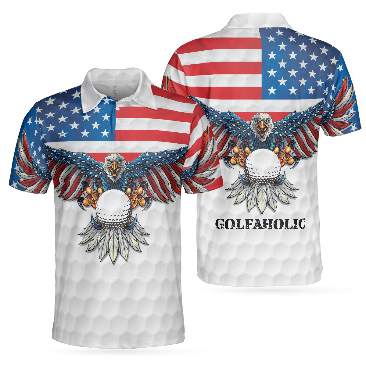 Golf American Flag Eagle Wings Men Polo Shirt, White Golf Pattern And Golf Ball Polo Shirt, Patriotic Golf Shirt For Men, Best Gift For Golfers