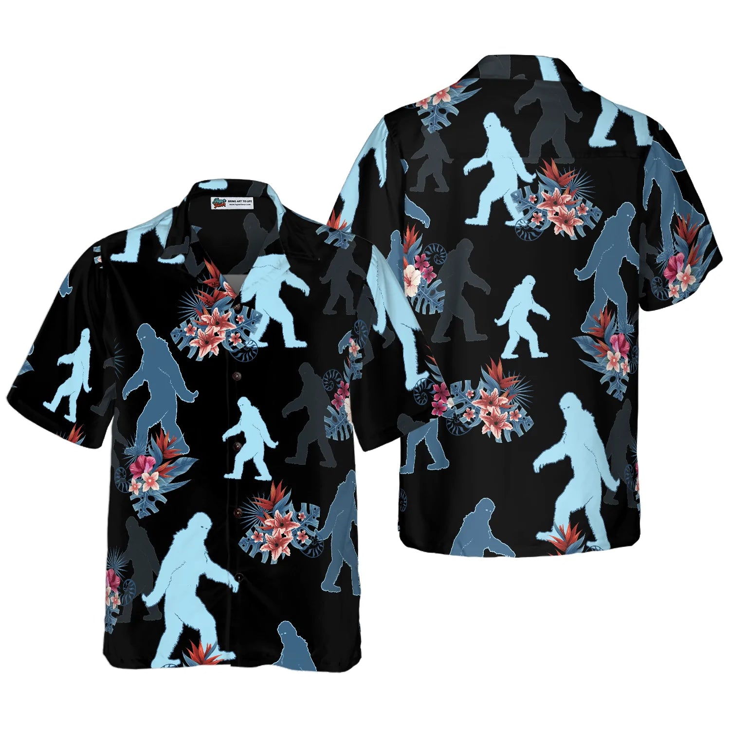 Bigfoot Tropical Leaves Bigfoot Hawaiian Shirt, Black Tropical Floral Bigfoot Shirt For Men, Bigfoot Tropical Summer Flowers Aloha Shirt For Men, Perfect Gift For Summer Lovers, Friends, Husband, Boyfriend, Family