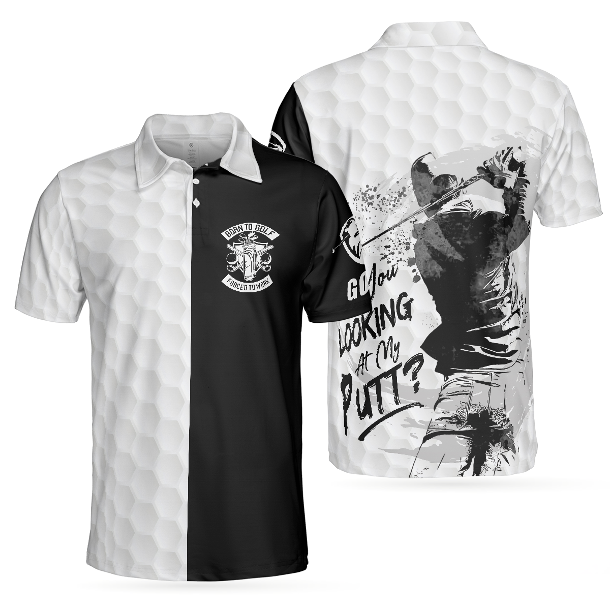 Men Polo Shirt - Black & White Are You Looking At My Putt Golf Polo Shirt, Black And Golf Pattern Polo Shirt, Sarcastic Golf Shirt For Men