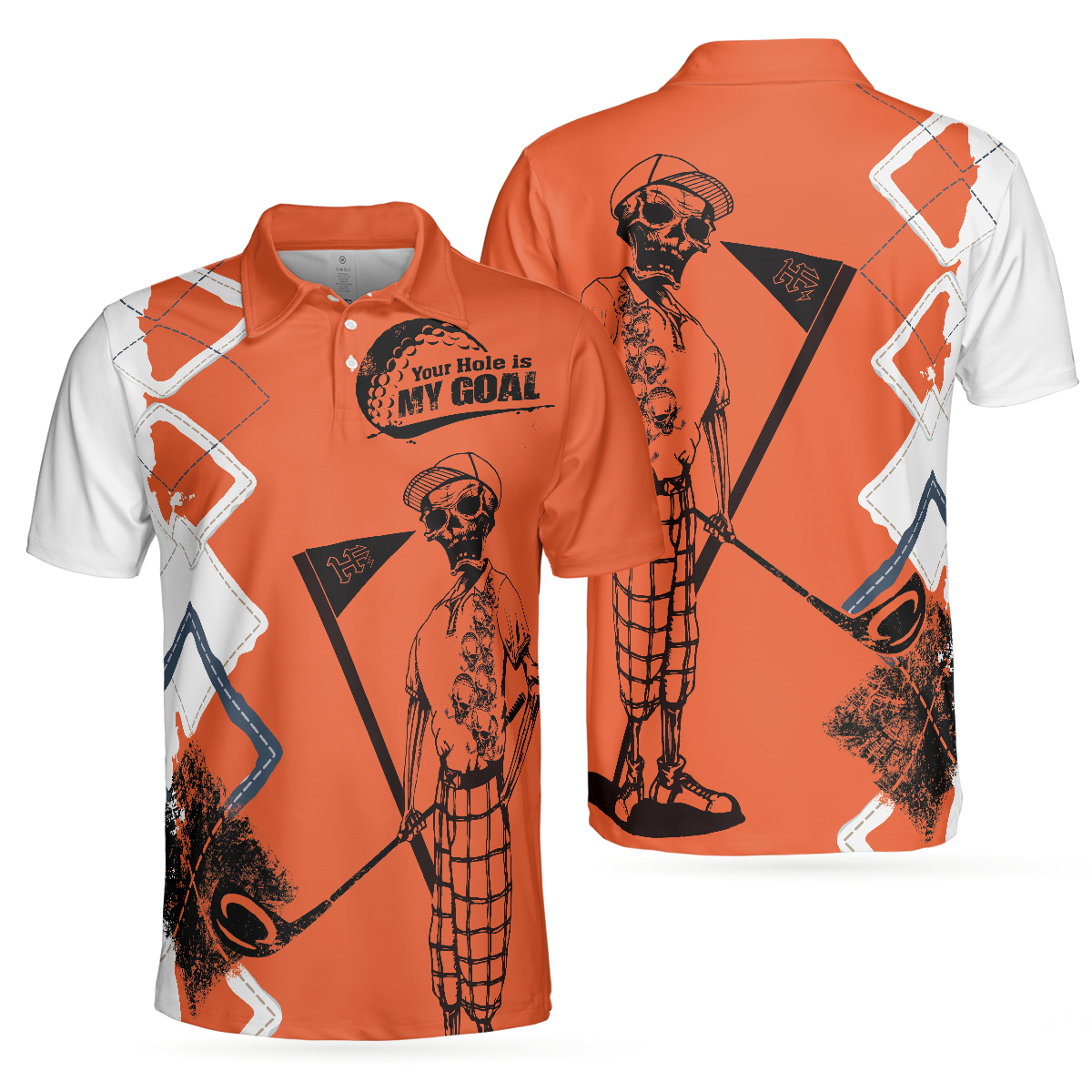 Your Hole Is My Goal Golf Polo Shirt, Orange Argyle Pattern Skeleton Golfer Polo Shirt, Best Golf Shirt - Perfect Gift For Men