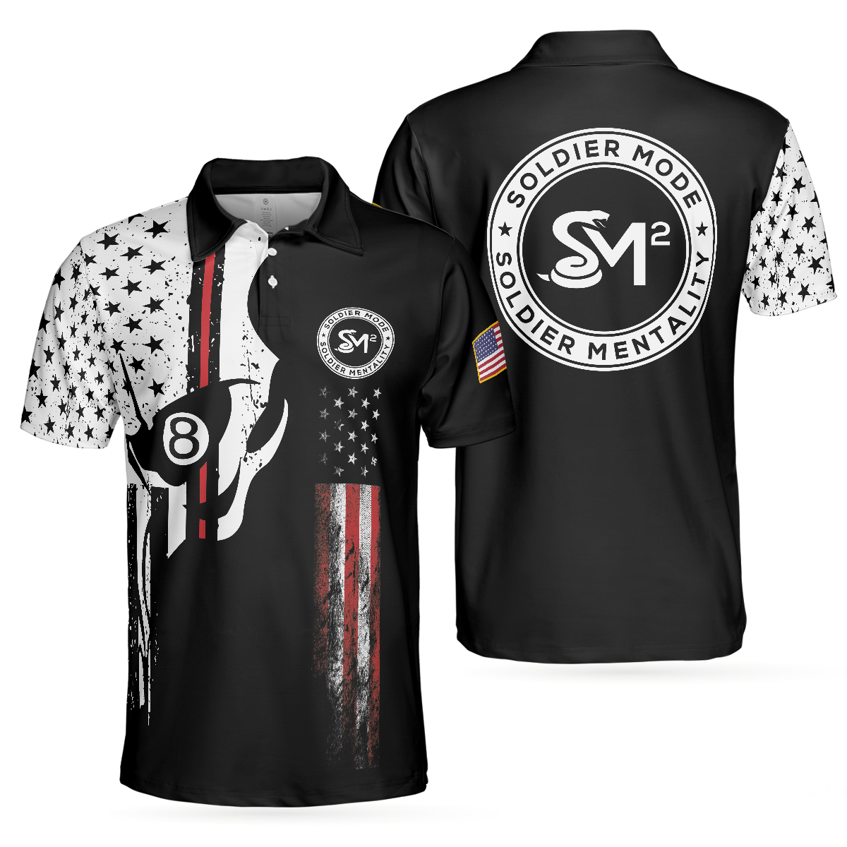 SM Skull Black And White American Flag Polo Shirt, SM Soldier More, Soldier Mentality Polo Shirt - Perfect Gift For Men