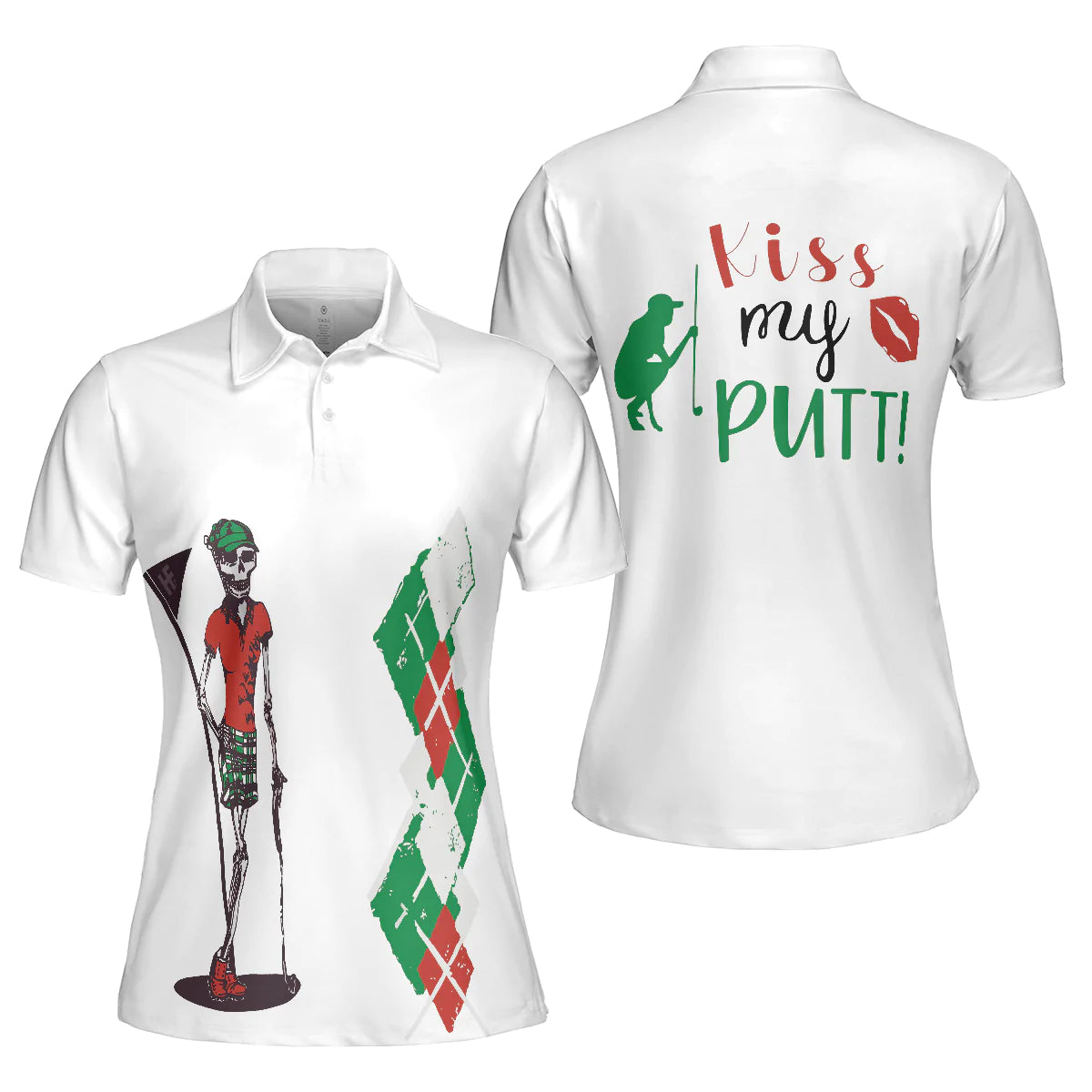 Red Green Argyle Pattern Skeleton Women Polo Shirt, Kiss My Putt Golf Short Sleeve Shirt, Gift For Golfers