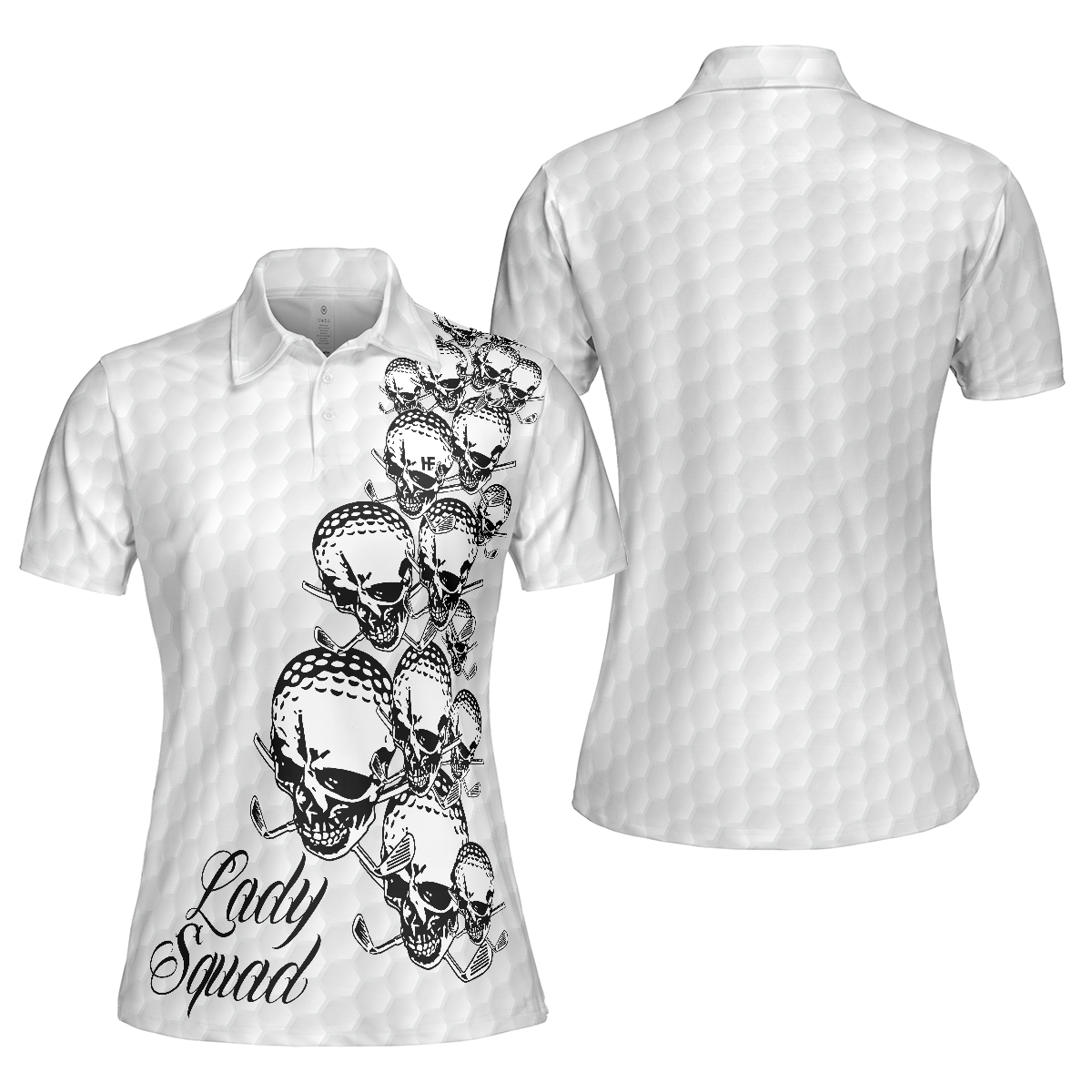 Golf Ball Texture With Skull Golf Short Sleeve Women Polo Shirt, Black And White Skull Golf Shirt For Ladies