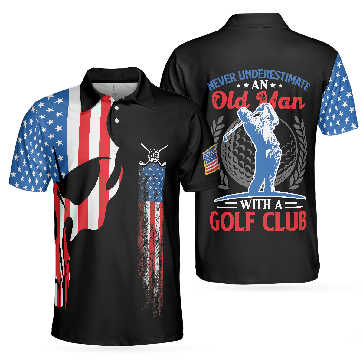 Skull Golf With American Flag Polo Shirt, Never Underate An Old Man Golfer Polo Shirt, Best Golf Shirt For Men - Perfect Gift For Men, Golfers