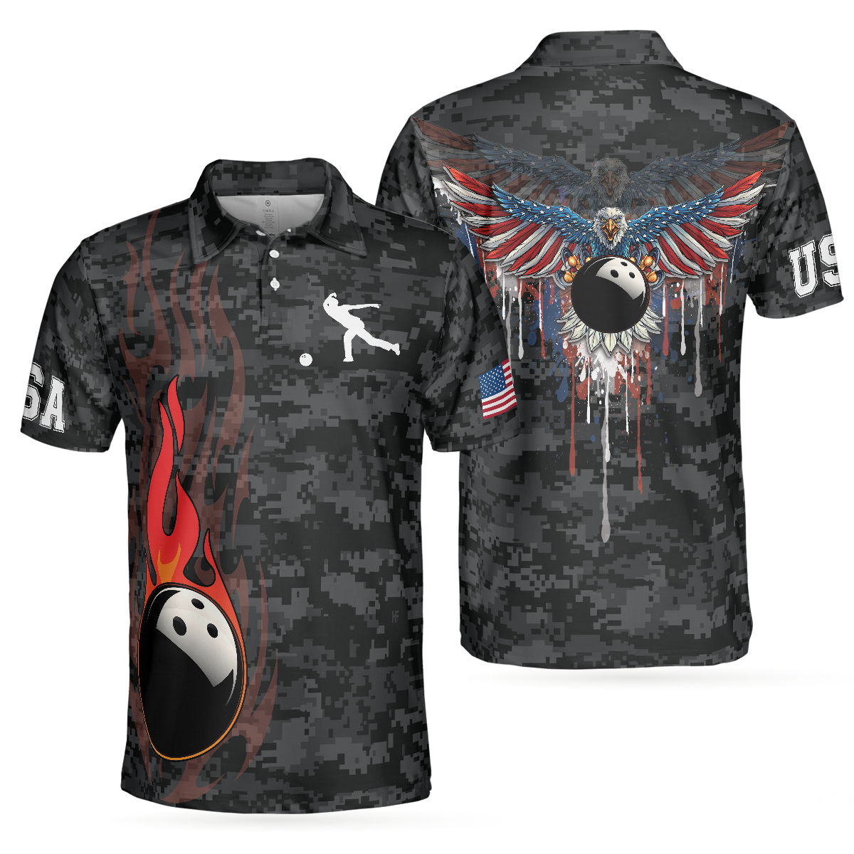 Bowling Men Polo Shirt - America Eagle Bowling, Camouflage USA Flag Men Polo Shirt - Perfect Gift For Friend, Family, Bowling Lovers