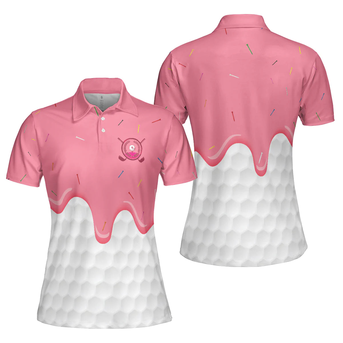 White And Pink Golf Women Polo Shirt, Ice Cream Melting On Golf Ball Cone Golf Short Sleeve Shirt For Ladies, Cool Gift For Female Golfers