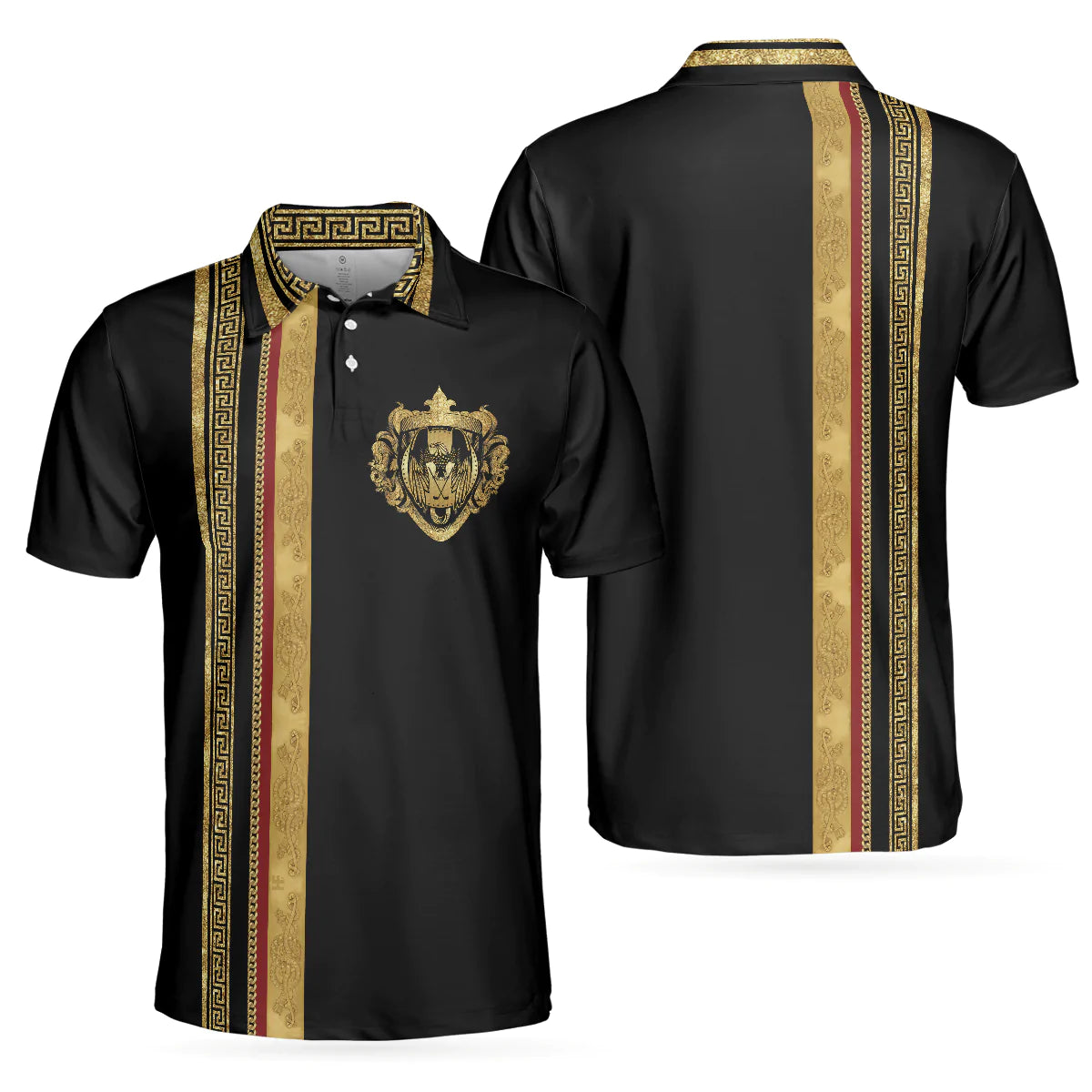 Men Polo Shirt - Luxury Baroque Pattern Golf Polo Shirt -  Golden Greek Key Pattern Polo Shirt, Best Golf Shirt For Men