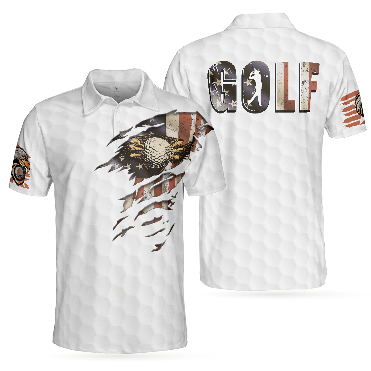 American Flag Golfer Eagle Golf Ball Texture Men Polo Shirt, Ripped American Flag Polo Shirt, Patriotic Golf Shirt For Men, Gift For Golfers