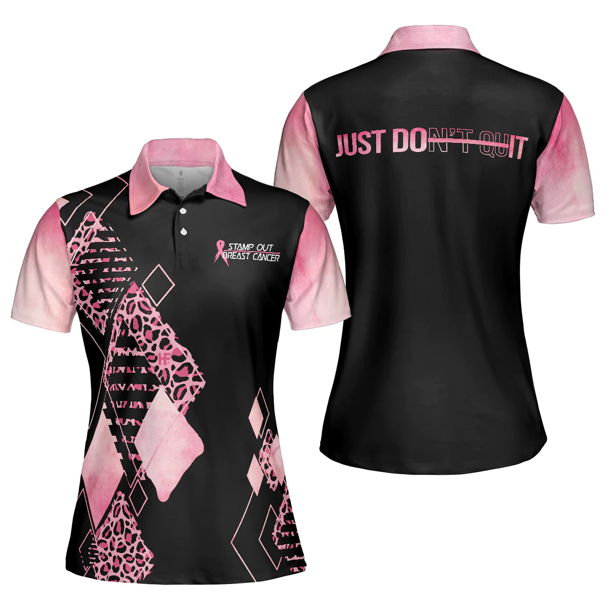 Leopard Argyle Pattern Golf Women Polo Shirt, Just Don't Quit Breast Cancer Awareness Short Sleeve Shirt, Pink Ribbon Polo Shirt For Ladies