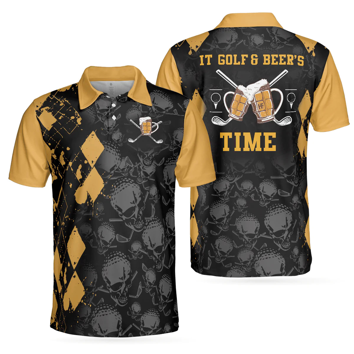 Skull Pattern Golf Drinking Men Polo Shirt, It Golf & Beer's Time Polo Shirt, Best Beer Golf Shirt For Male