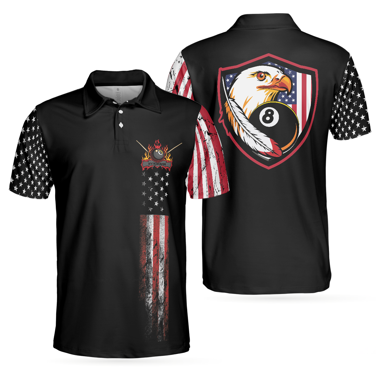 Men Polo Shirt - Billiards Eagle American Flag Black Polo Shirt - 8-ball Black Theme Polo Shirt, Best Billiards Shirt For Men