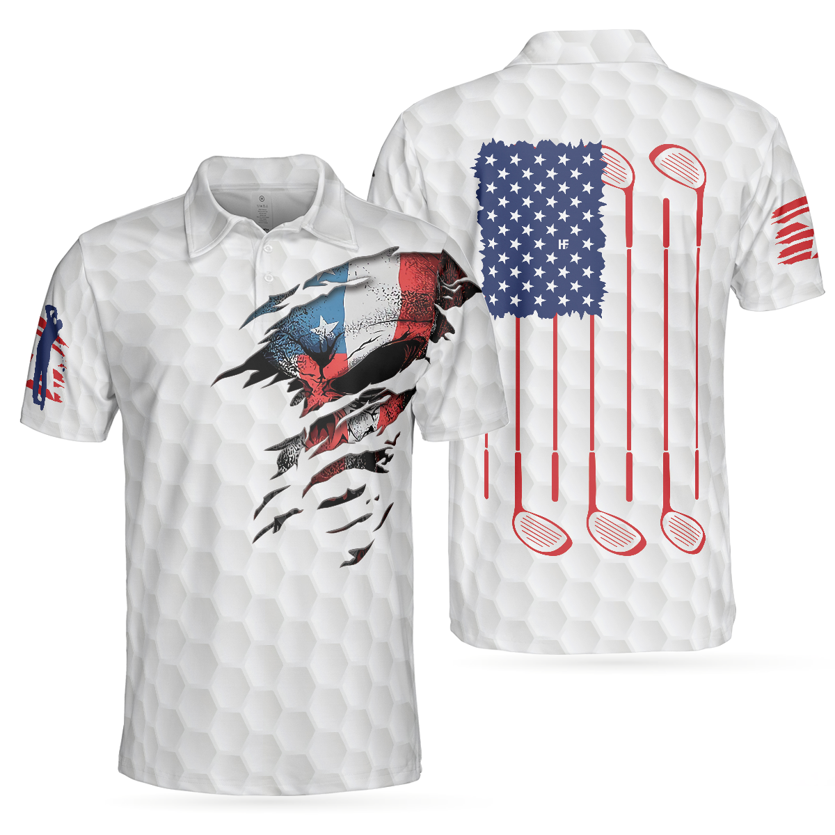 Golf Skull American Flag Short Sleeve Polo Shirt, White Golf Pattern Polo Shirt, Patriotic Golf Shirt For Men, Best Gift For Golfers