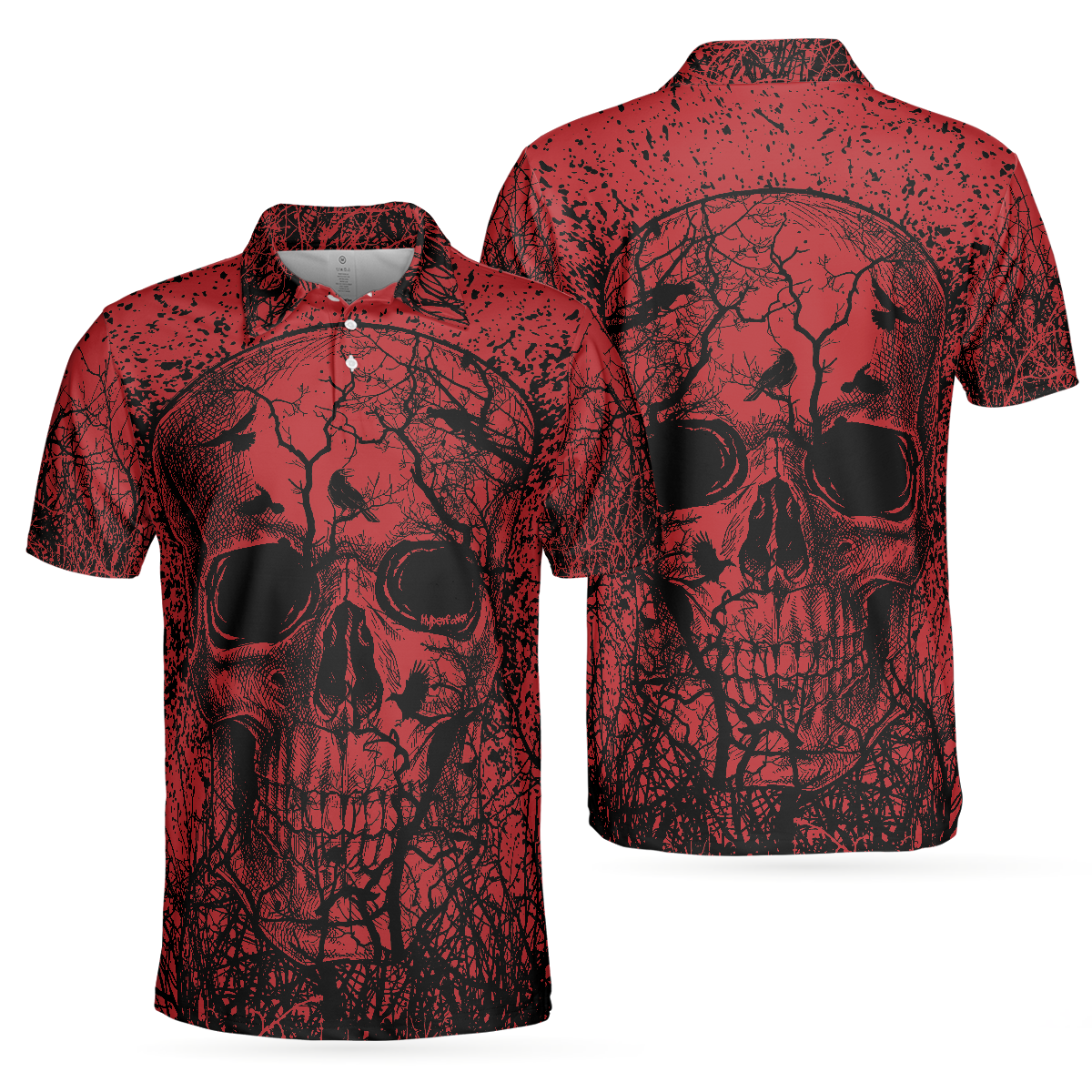 Skull Crow Black And Red Short Sleeve Polo Shirt, Dark Forrest Skull Crow Shirt For Men, Best Polo Shirt For Halloween - Perfect Gift For Men