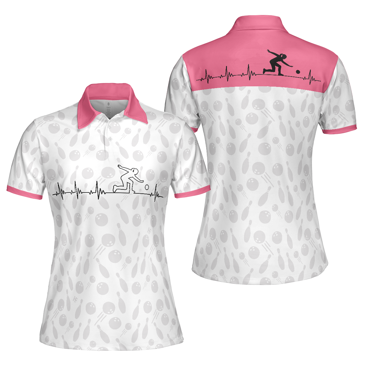 Bowling Is My Heart Bowling Short Sleeve Women Polo Shirt, Bowling Balls And Pins Pattern Polo Shirt For Ladies