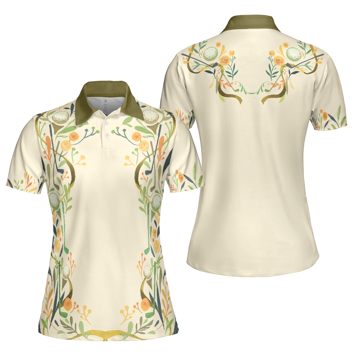 Golf Motif Cream Short Sleeve Women Polo Shirt, Gift Idea For Female Golfers