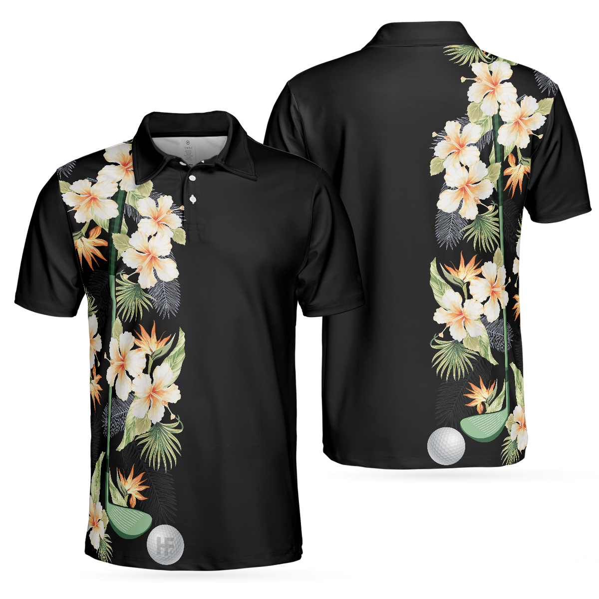 Floral Golf Club And Ball Men Polo Shirt, Wild Floral And Leaves Golfing Polo Shirt, Tropical Golf Shirt For Men