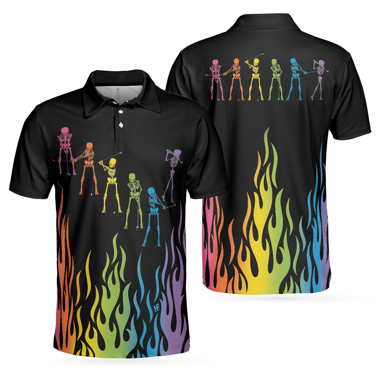 Skeleton Playing Golf Polo Shirt, Rainbow Pallette Fire Golfing Polo Shirt, Cool Golf Shirt For Men - Perfect Gift For Men, Golfers