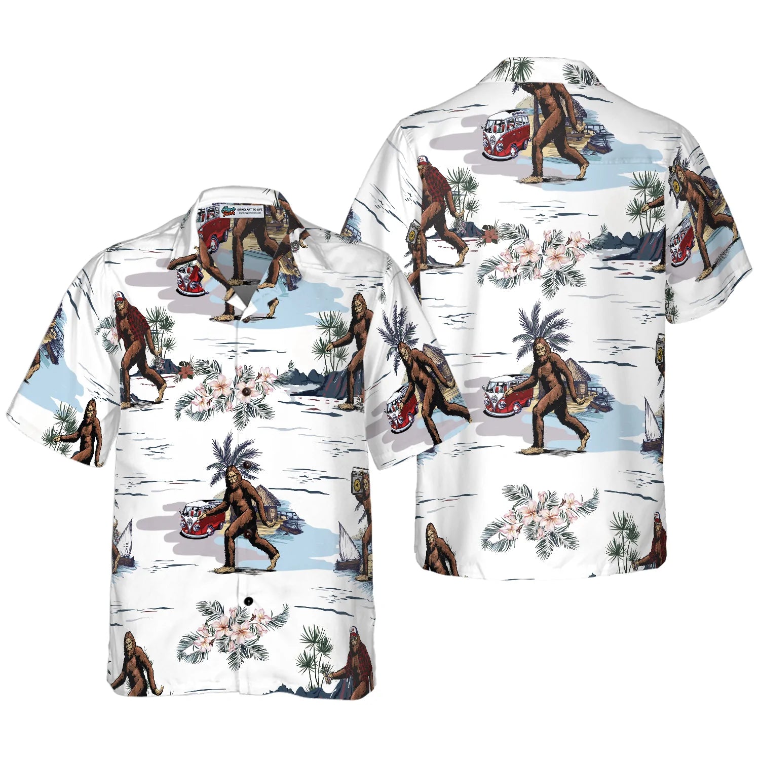 Bigfoots Are Ready For Summer Bigfoot Hawaiian Shirt, White Tropical Floral Bus Trip Bigfoot Shirt For Men, Best Gift For Men, Husband, Boyfriend