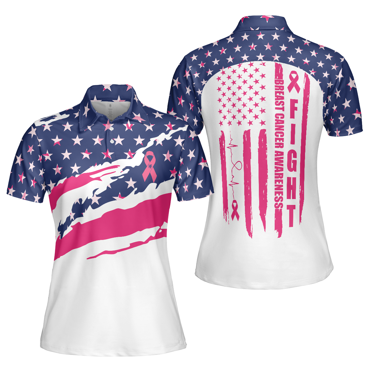 Fight Breast Cancer Awareness American Flag Short Sleeve Women Polo Shirt, Colorful Breast Cancer Awareness Month Shirt