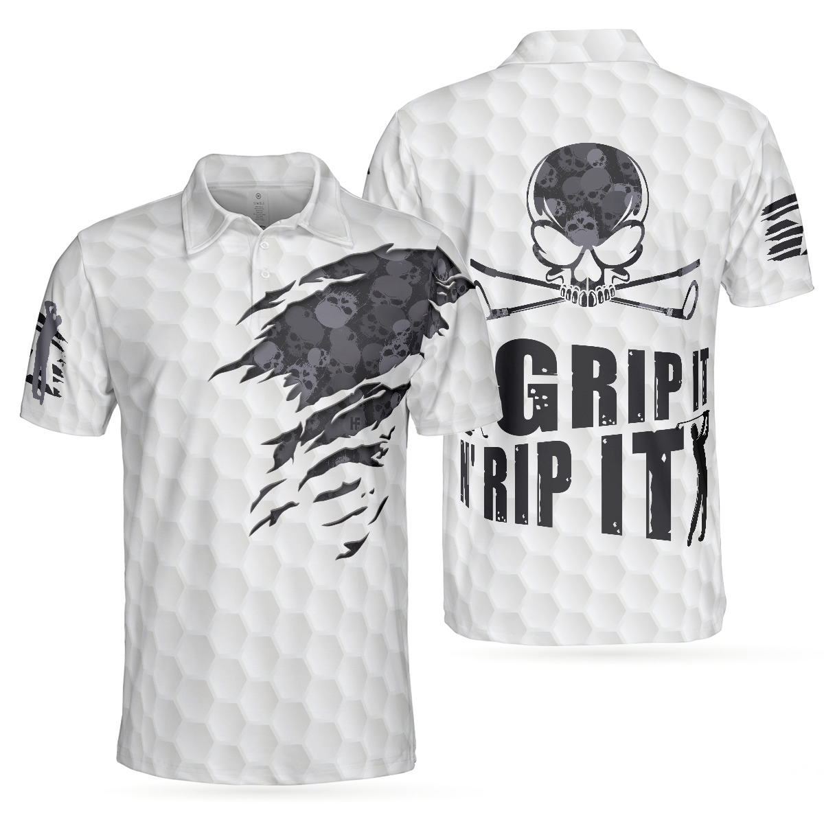 Ripped Skull Pattern Men Polo Shirt, Grip It N' Rip It Golf Ball Texture Short Sleeve Polo Shirt, Best Golf Shirt For Men