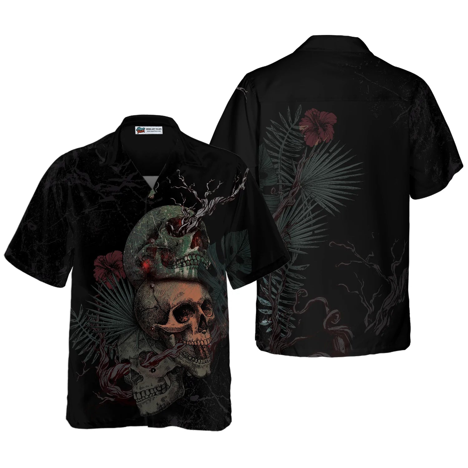 Artistic Gothic Skull With Flowers Goth Hawaiian Shirt, Black Aloha Shirt For Men, Best Gift For Summer, Husband, Boyfriend