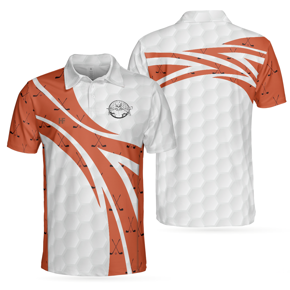 Skull Golfer Seamless Pattern Golf Polo Shirt, White And Orange Golf Shirt For Men, Cool Gift For Golfers - Perfect Gift For Men