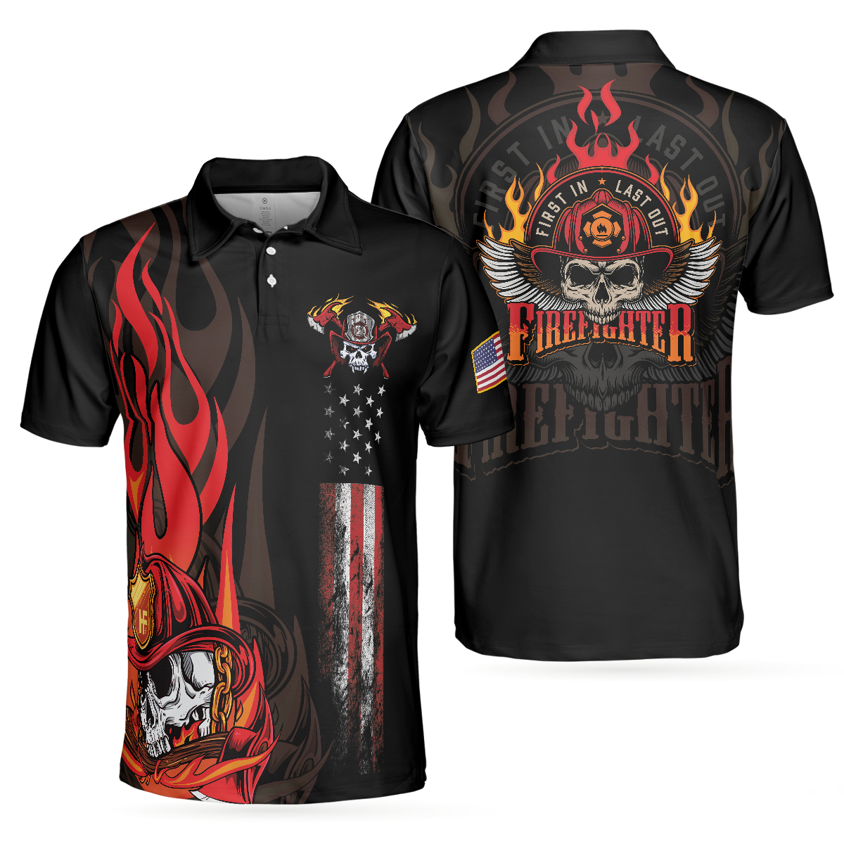 Firefighter Skull Flame Short Sleeve Men Polo Shirt, First In Last Out American Flag Firefighter Shirt For Men, Gift For Firefighter