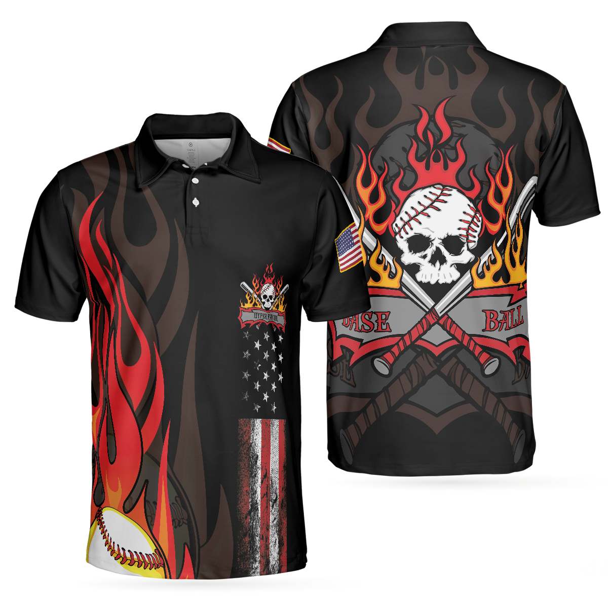 Flame Baseball Skull Men Polo Shirt, Baseball American Flag Polo Shirt, Best Baseball Shirt For Men, Gift For Baseball Lovers