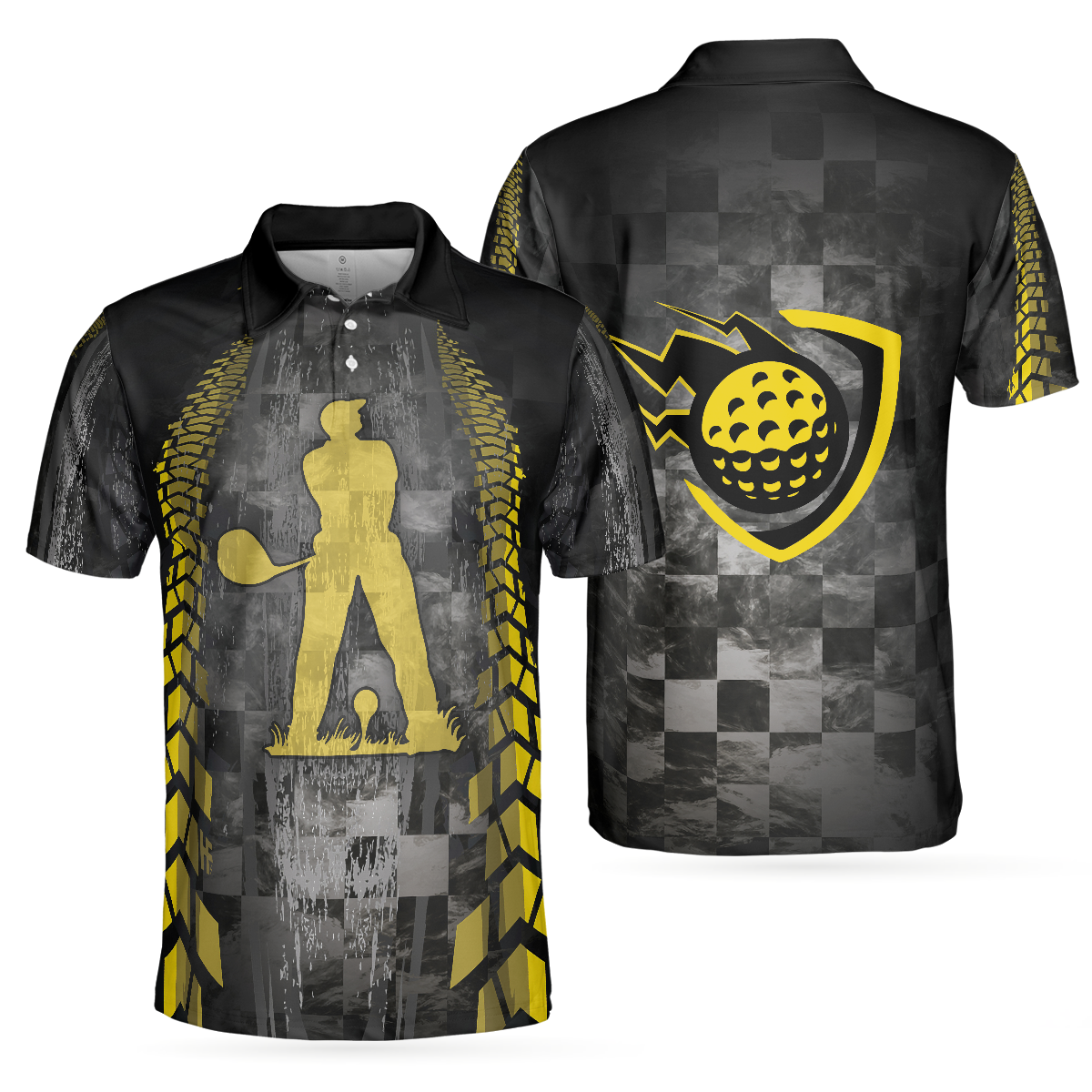 Golfer On Yellow Silhouette Men Polo Shirt, Checker Pattern Racing Polo Shirt, Best Golf Shirt For Men, Best Gift For Golfers