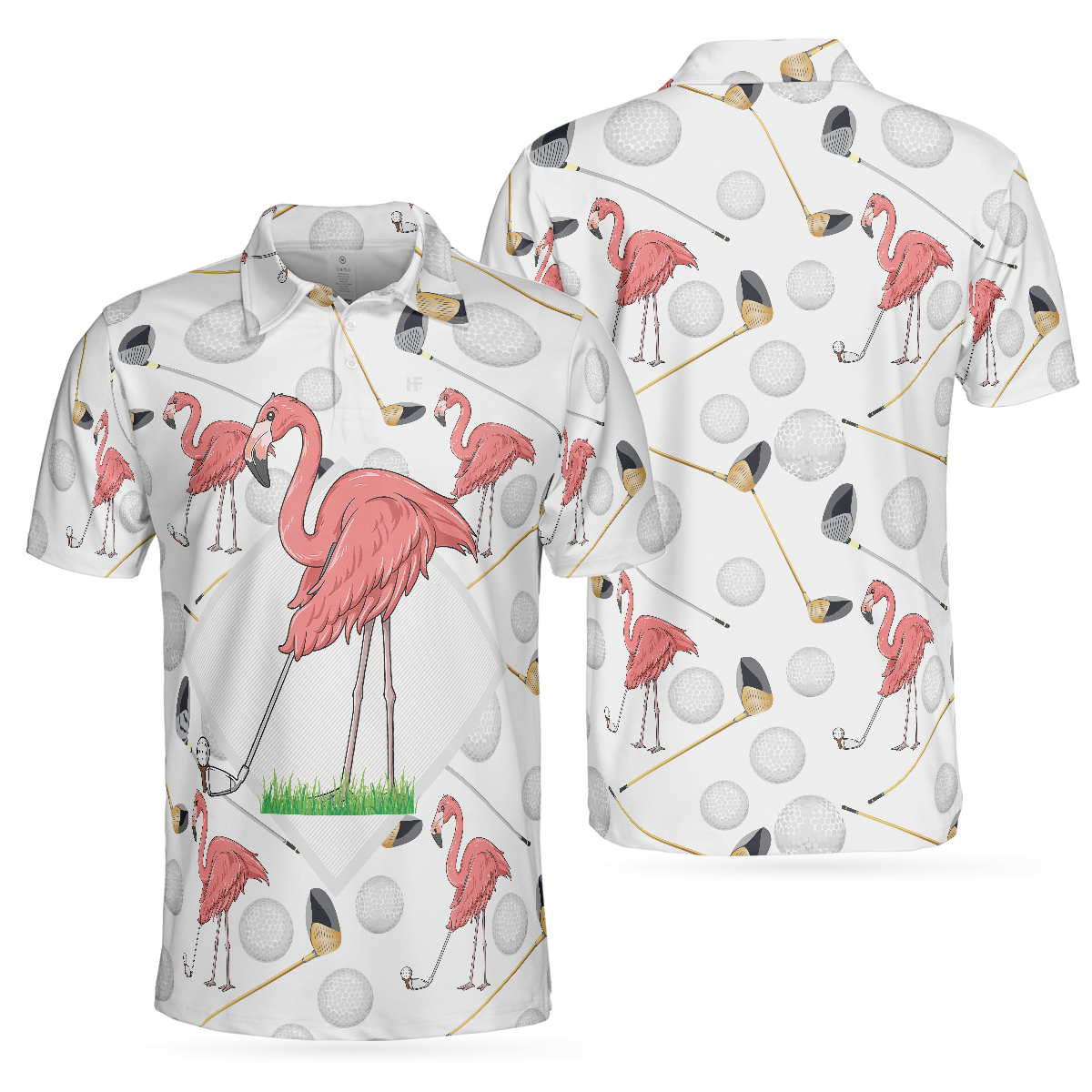 Flamingo Golfer Polo Shirt, Pink Flamingo Golf Polo Shirt, Flamingo Themed Short Sleeve Shirt For Golfers