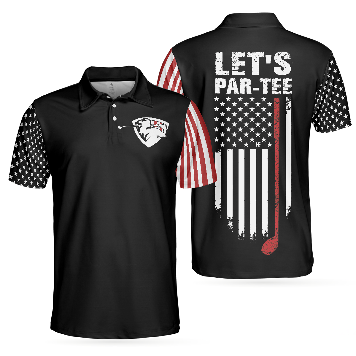 Dark Theme American Flag Men Polo Shirt, Let's Par Tee Short Sleeve Golf Polo Shirt, Patriotic Golf Shirt For Men