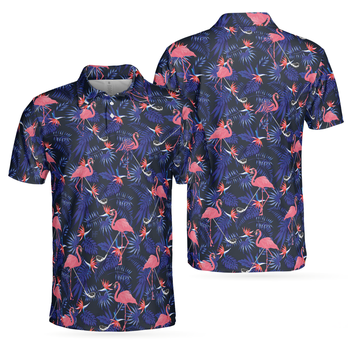 Flower And Flamingo Golf Polo Shirt, Blue Flamingo Pattern Shirt For Golf Players, Gift For Flamingo Fans