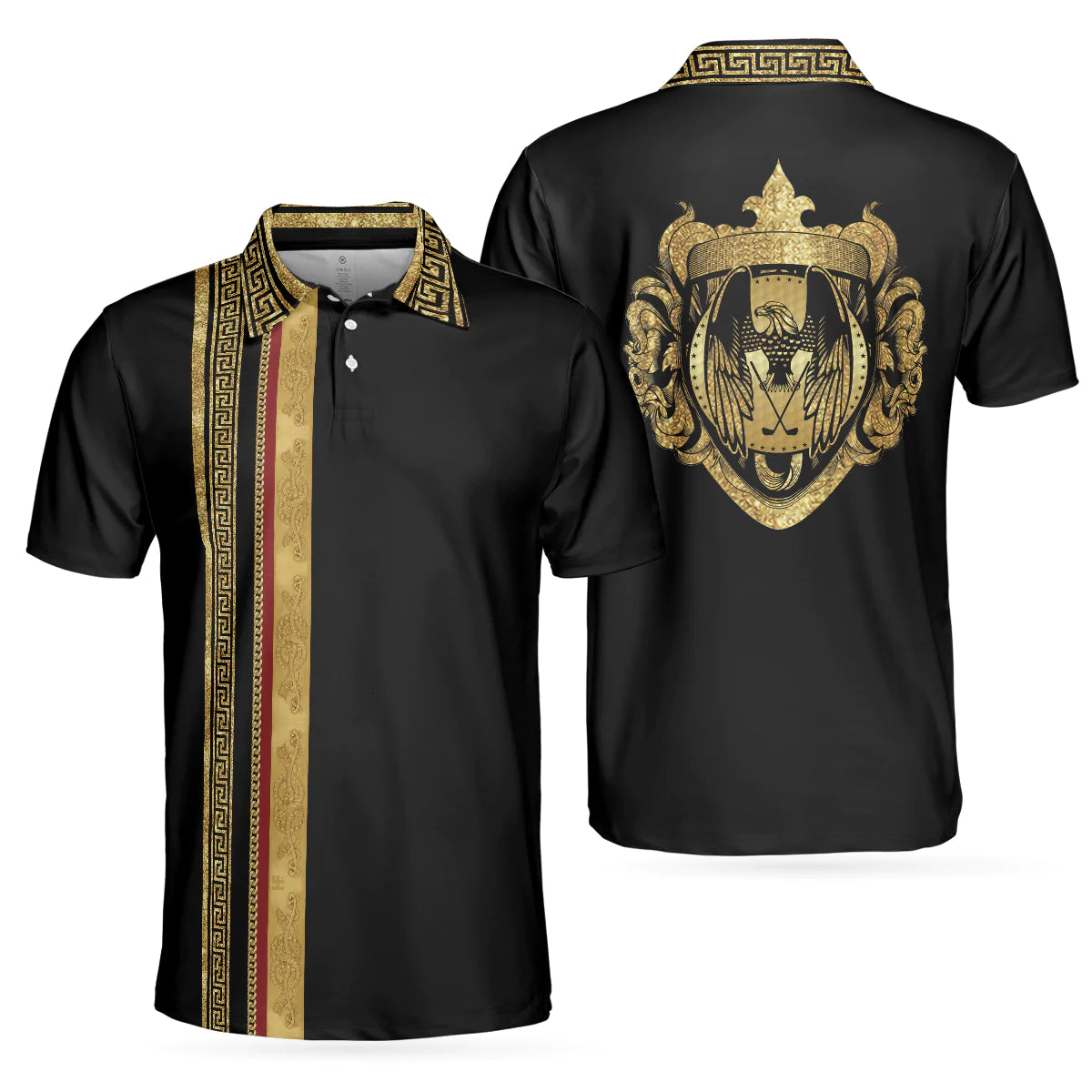 Men Polo Shirt - Luxury Baroque Pattern Eagle Badge Golf Polo Shirt - Gift For men - Golden Greek Key Pattern Polo Shirt