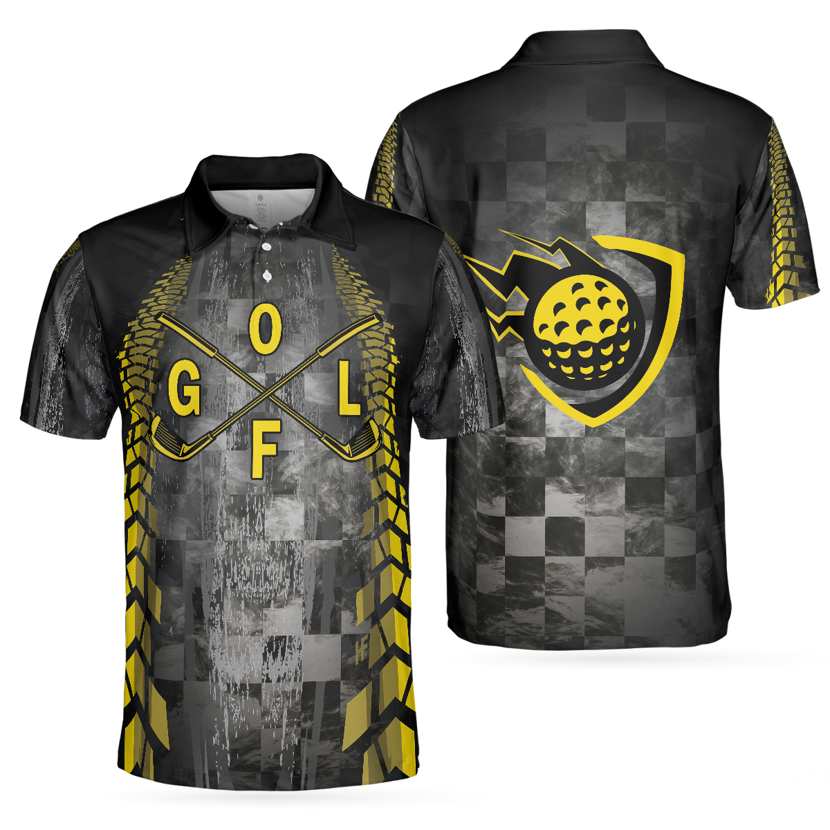 Golf Yellow Pattern Short Sleeve Men Polo Shirt, Checker Pattern Racing Polo Shirt, Best Golf Shirt For Men, Best Gift For Golfers