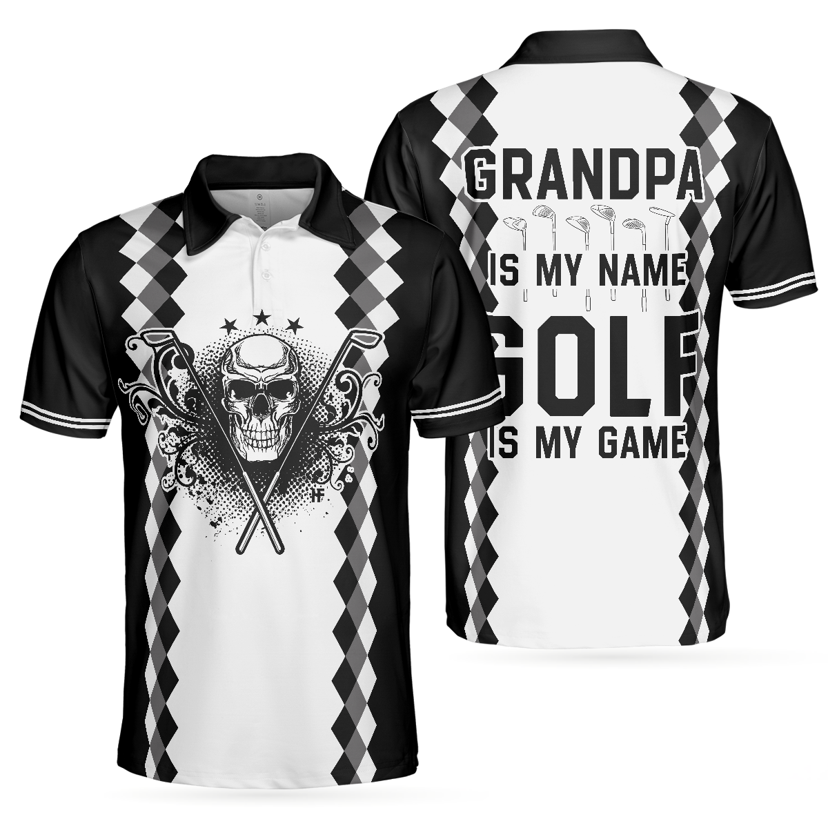 Black And White Argyle Pattern Skull Golf Men Polo Shirt, Grandpa Is My Name Golf Is My Game Golf Shirt For Men