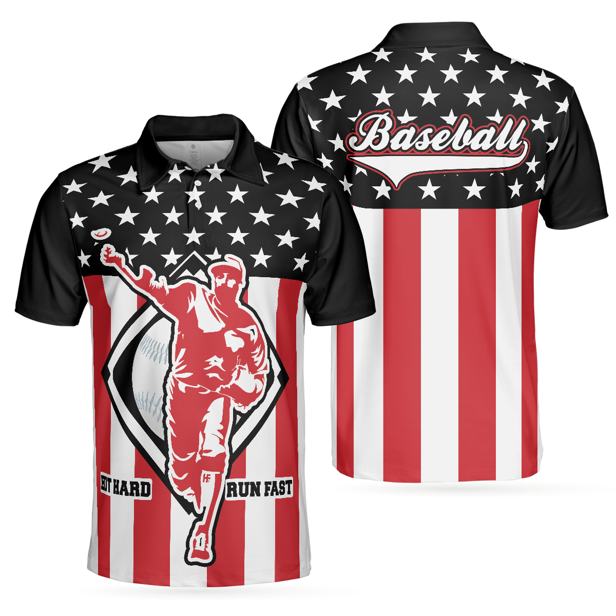 Baseball Hit Hard Run Fast Short Sleeve Men Polo Shirt, Black Theme American Flag Polo Shirt, Best Baseball Shirt For Men, Gift For Baseball Lovers