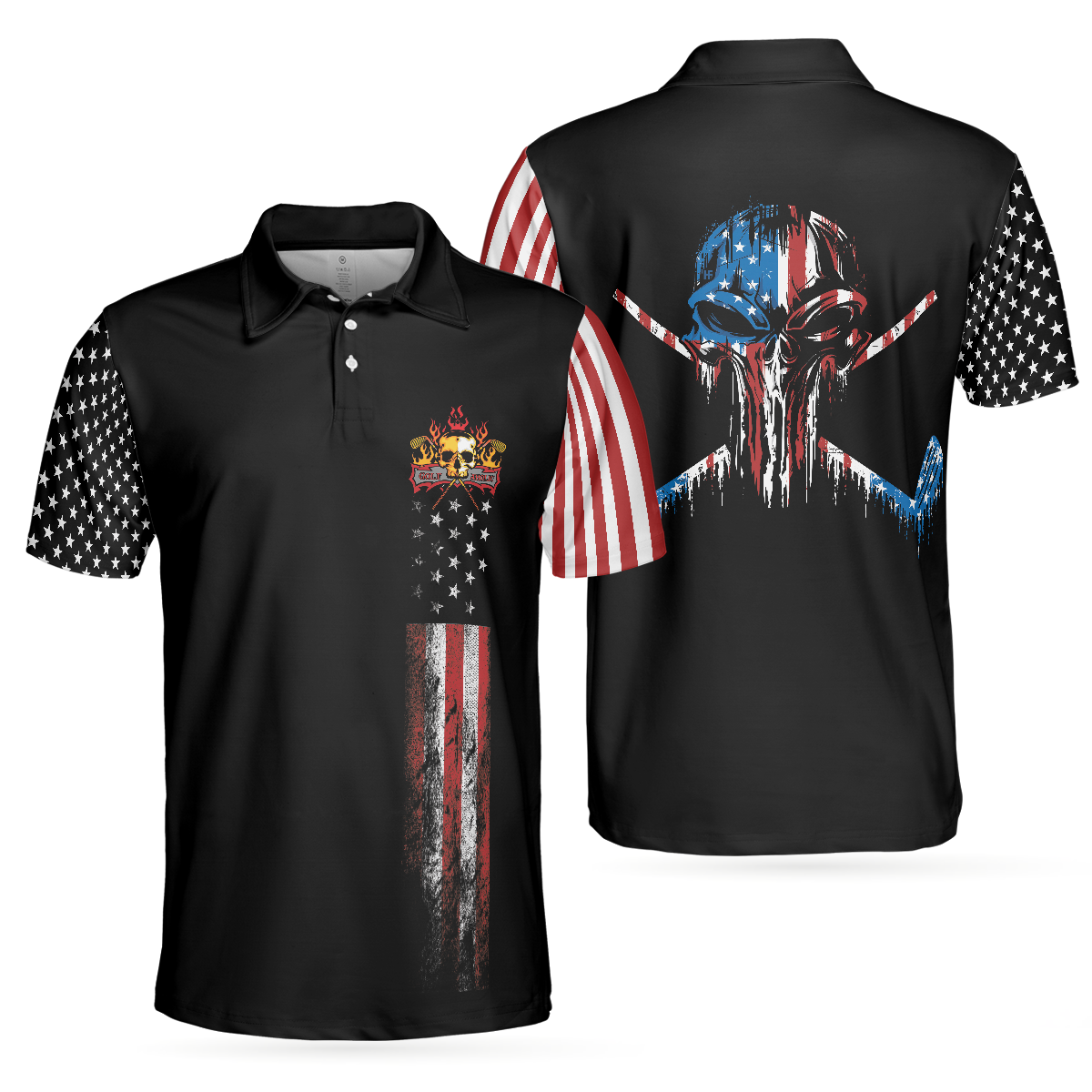 American Flag and Skull Men Polo Shirt, Skull Golf Polo Shirt, Dark Theme American Flag Polo Shirt, Best Golf Shirt For Men